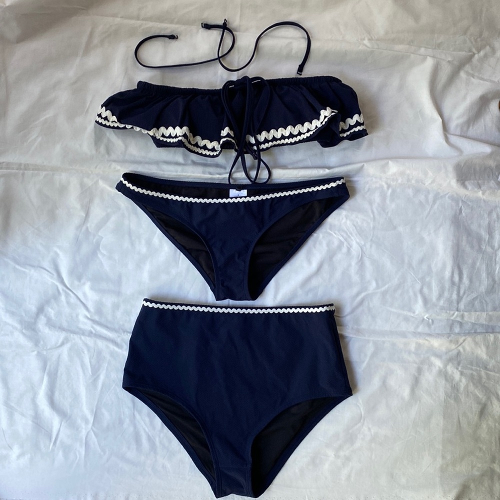 J.Crew Swim Bandeau ruffle bikini top, high waisted and lowrider bikini bottoms